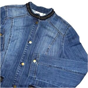 Chico's Blue Denim Button Up Jacket Black Gold Trim Women's 2 (12/14-L) $139